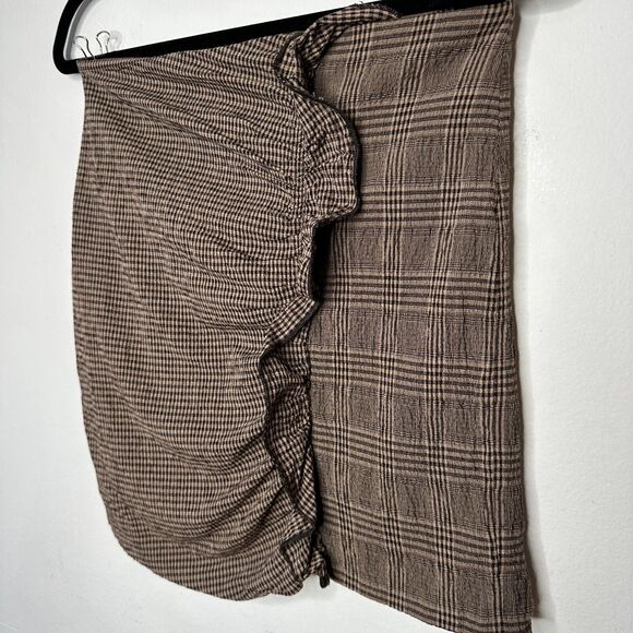 Mango Brown Plaid Checkerboard Mix Fabric Side Ruffle ALine Back Zip Skirt Med - Picture 4 of 11